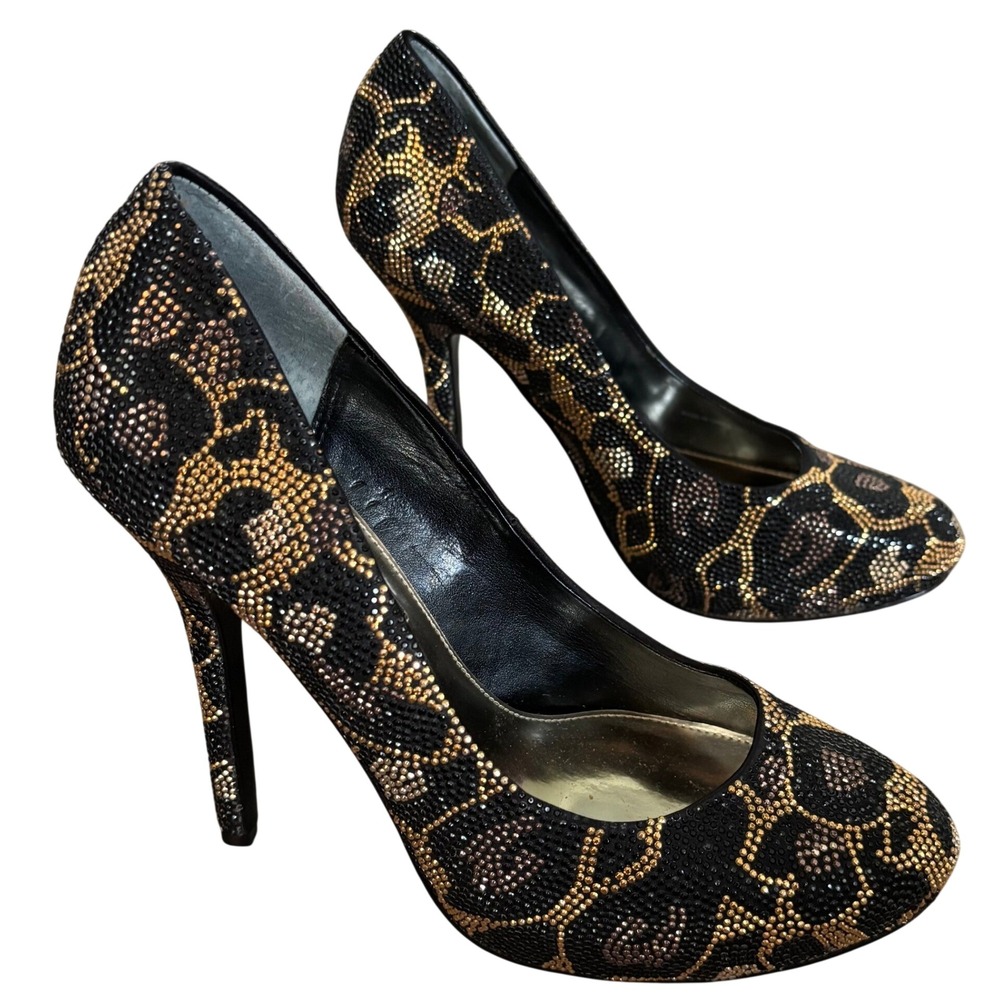 Nina New York Black Gold Beaded Leopard Print Stiletto Pumps Size 9.5M Glam
